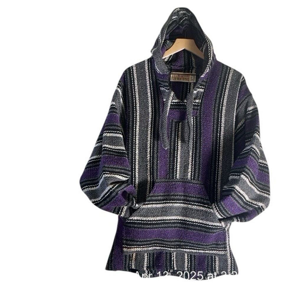 Gypsy Hoodie Unisex Size XL Baja Mexican Blanket Purple Striped Hippie Pocket